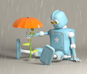 Obraz na płótnie Canvas Retro robot protect sprout, plant,3d, render