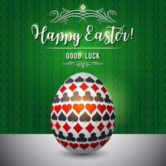 Easter greetings card with red and black gambling symbols over white egg, vector illustration.Suitable for invitations, greeting cards, flyers, banners.