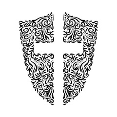 Naklejka premium Black shield with cross. Concept icon, symbol of Christianity. Cross with ornament. Vector illustration.