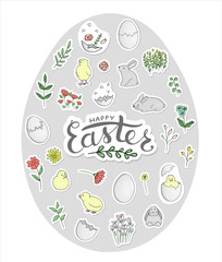 Vector set of Easter stickers framed in egg shape. Hatching chicks, rabbits, eggs, herbs, flowers in pastel colors. Cute cartoon style illustration. Easter card design with lettering