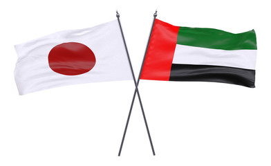 Japan and United Arab Emirates, two crossed flags isolated on white background. 3d image
