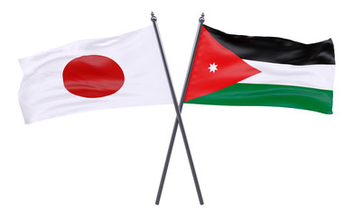 Japan and Jordan, two crossed flags isolated on white background. 3d image