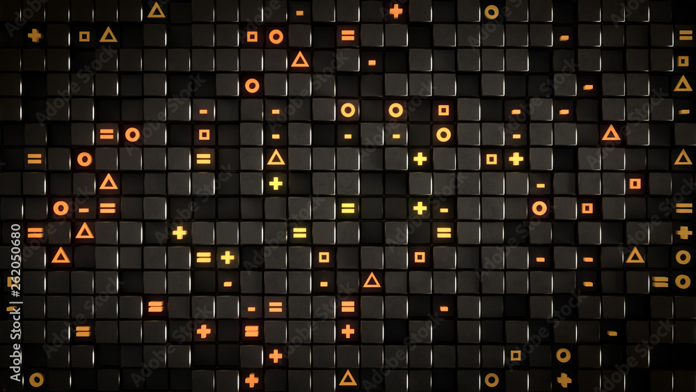 Poster wall of cubes and random symbols abstract 3d render