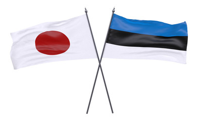 Japan and Estonia, two crossed flags isolated on white background. 3d image