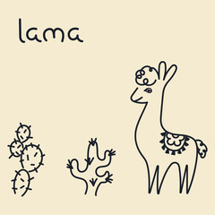 Hand drawn vector illustration of a cute funny Lama