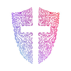Multicolor shield with cross. Concept icon, symbol of Christianity. Cross with ornament. Vector illustration.