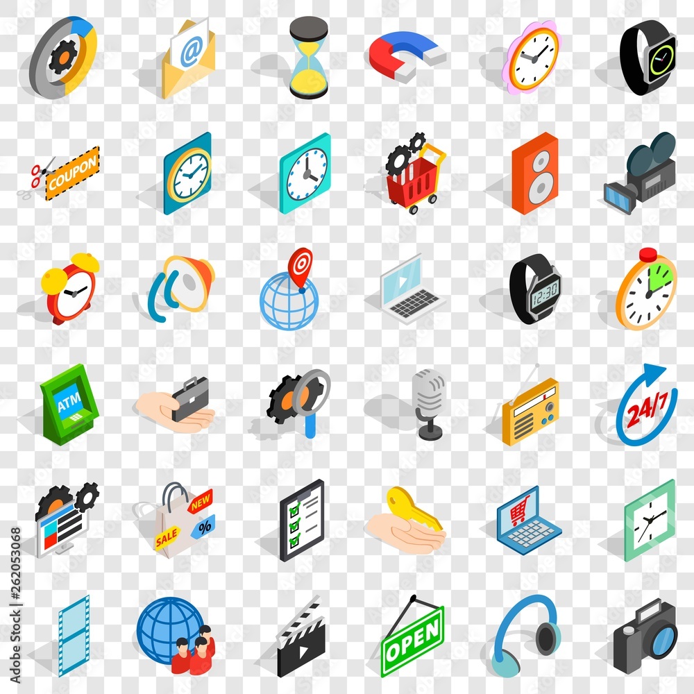 Poster old device icons set. isometric style of 36 old device vector icons for web for any design