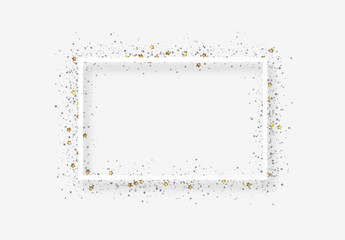 Decorative frame with glitter tinsel of confetti. Glow border of gold stars and dots points