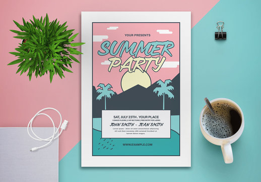 Colorful Summer Party Flyer with Graphic Palm Tree Sunset Illustration