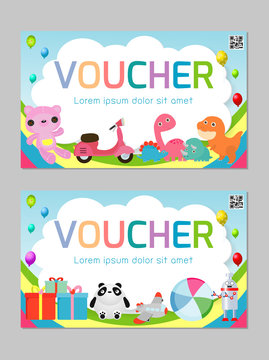 Gift Voucher Template With Colorful Pattern,cute Gift Voucher Certificate Coupon Design Template, Kids Toys Shop, Voucher Vector Illustration