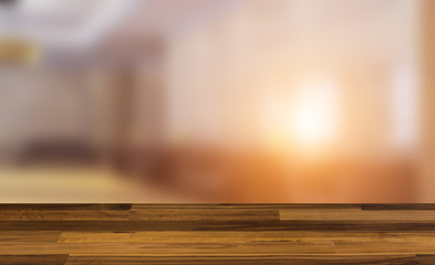 The interior of the large lobby with marble walls in the hotel. Reception. Business background.. Sunset. 3D rendering. wooden table