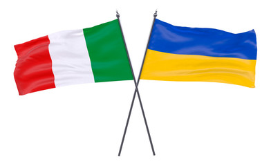 Italy and Ukraine, two crossed flags isolated on white background. 3d image
