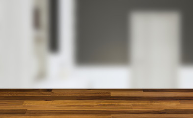 Bathroom with brown walls and white tiles. Gray  furniture. Large interior door. 3D rendering. Mockup. wooden table