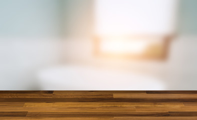view of the bath with a large window covered with a curtain. 3D rendering. Mockup. Sunset. wooden table