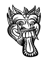 Hand drawn Barong vector mask. Black ink drawing topeng Bali face isolated on white background. Graphic illustration.