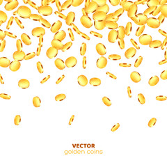 Realistic 3d golden coins explosion. Falling money isolated on white background. Vector illustration.