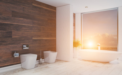 Fototapeta na wymiar Bathroom with a large window in brown tones. Modern design.. 3D rendering. Sunset.