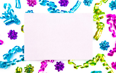 Background of Party Ribbons and Bows in Bright Colors on White