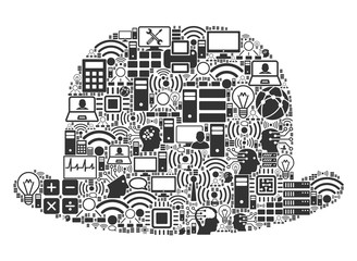 Fototapeta premium Gentleman Hat collage icon done for bigdata and computing illustrations. Vector gentleman hat mosaics are combined from computer, calculator, connections, wi-fi, network,