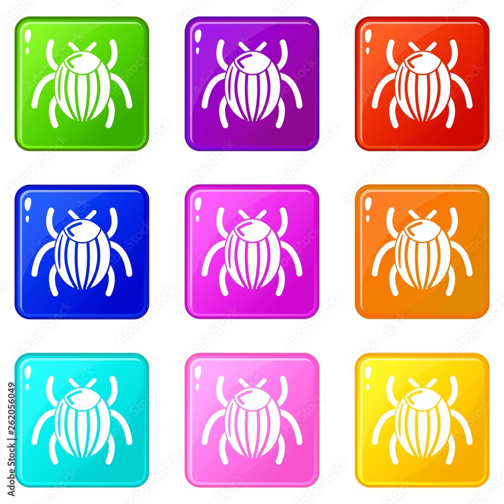 Poster garden beetle bug icons set 9 color collection isolated on white for any design