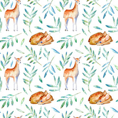 Seamless pattern of a deer and floral.Forest animals.Watercolor and pencil color hand drawn illustration.White background.