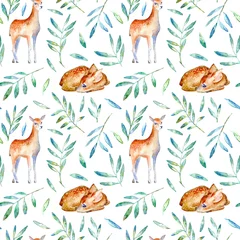 No drill roller blinds Little deer Seamless pattern of a deer and floral.Forest animals.Watercolor and pencil color hand drawn illustration.White background.