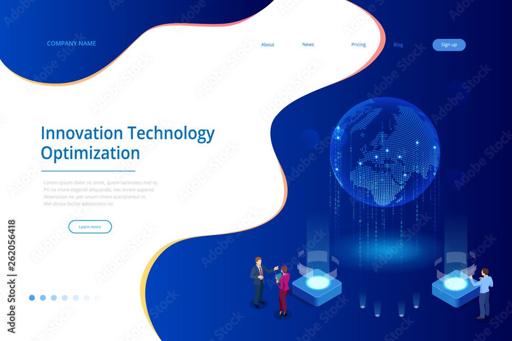 Aufkleber isometric creative innovation technology concept. world map interface and artificial intelligence.