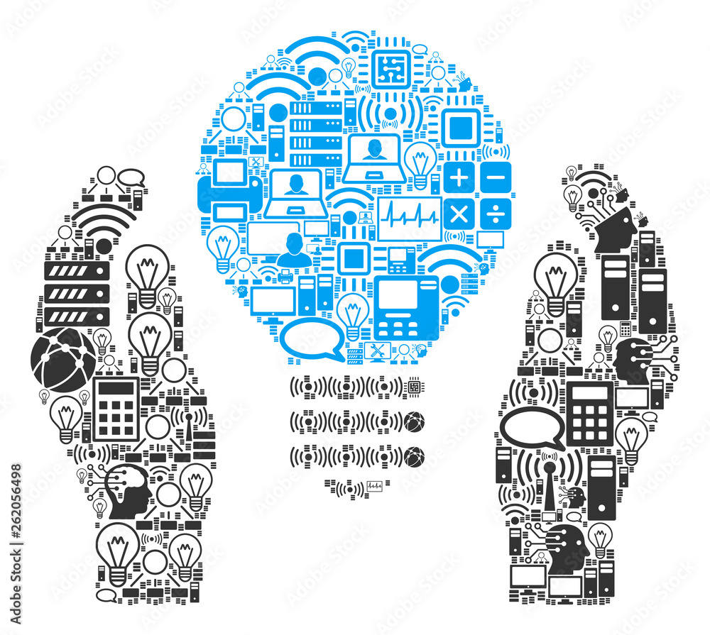 Poster lamp bulb care hands collage icon created for bigdata and computing illustrations. vector lamp bulb 