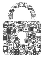 Lock collage icon designed for bigdata and computing illustrations. Vector lock mosaics are combined from computer, calculator, connections, wi-fi, network, interface symbols into abstract collage.