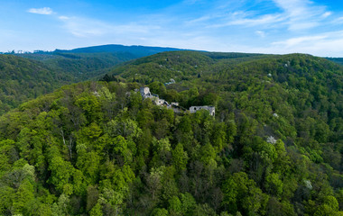 Ruins of a castle on a mountain covered by forest.
