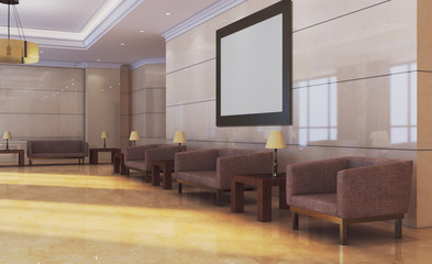 The interior of the large lobby with marble walls in the hotel. Reception. Business background. Blank paintings.  Mockup.. 3D rendering