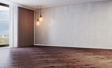 Empty modern room with a large window. Old light bulbs. Floor of shabby parquet. Concrete wall.. 3D rendering