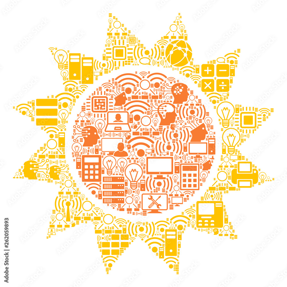 Poster sun collage icon created for bigdata and computing purposes. vector sun mosaics are organized from c