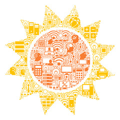 Fototapeta na wymiar Sun collage icon created for bigdata and computing purposes. Vector sun mosaics are organized from computer, calculator, connections, wi-fi, network, interface elements into abstract collage.