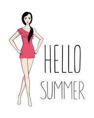 Vector image of the woman in a swimming dress with ruffles. Fashion girl and inscription Hello Summer on the white background