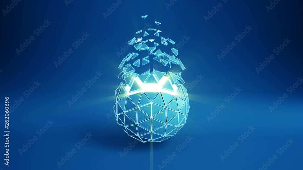 Poster spinning blue polyhedron and glowing core. abstract futuristic technology or science fiction concept
