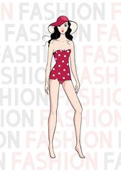 Pretty hand-drawn girl in swimsuit. Fashion magazine cover or page template. Vector illustration
