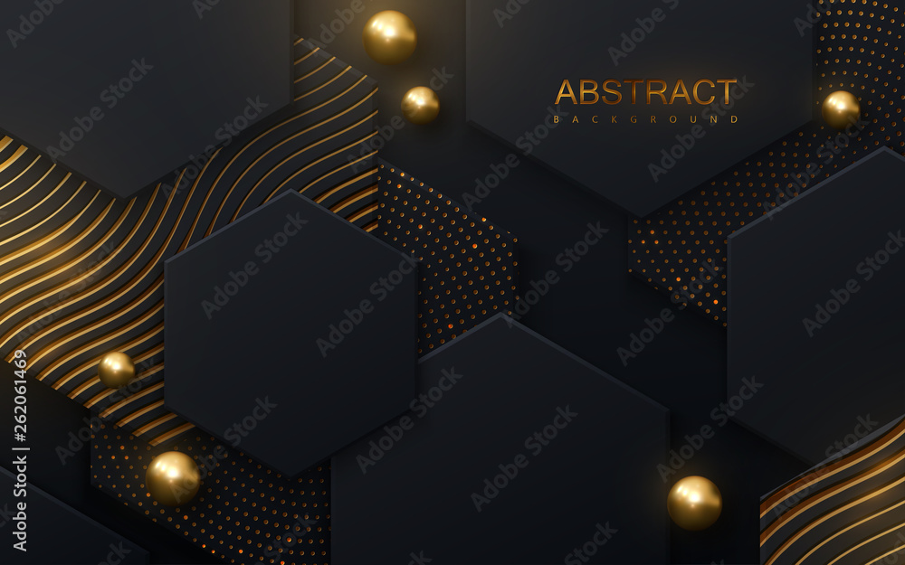 Poster black hexagon tiles textured with golden shiny patterns. modern cover design. vector illustration. a