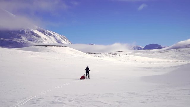 Cross-country skier with sled (pulka) in National Park Sarek, Swedish Lapland. 