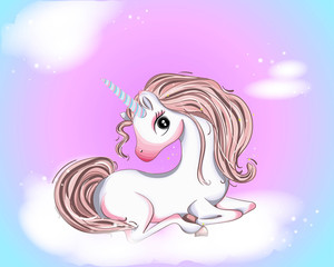 Beautiful unicorn on clouds with stars illustration, .