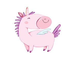 Cute little pink magical unicorn.  design on white background. Print for t-shirt. Romantic hand drawing illustration for children.