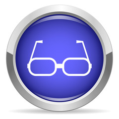 Glasses icon. Round bright blue button.