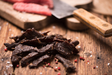 Beef Jerky on  wooden background