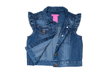 Jeans vests fashion. Sleeveless blue jeans vest or jacket for the little girl isolated on a white...