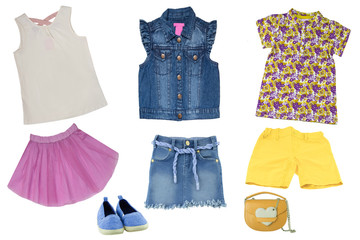 Collage set of little girl summer clothes isolated on a white background. The collection of jeans...