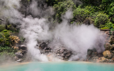 Detail view on famous geothermal hot springs, called Umi Jigoku, engl. sea hell, in Beppu, Oita, Japan, Asia.