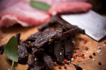 Beef Jerky on  wooden background