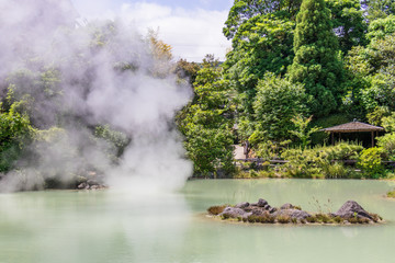 Panorama of famous geothermal hot springs, called Shiraike Jigoku, engl. white pond hell, in Beppu, Oita Prefecture, Japan, Asia.