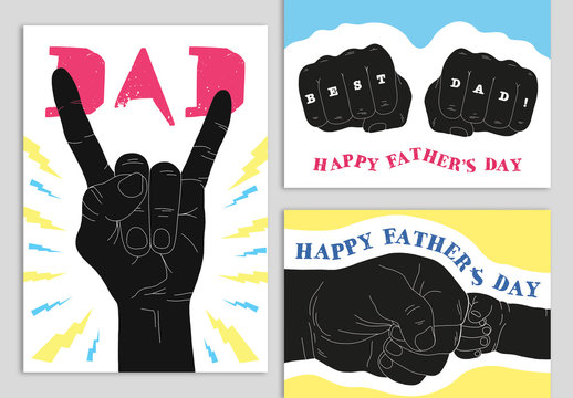 Bright Father's Day Card Set with Block Print-Style Illustrations