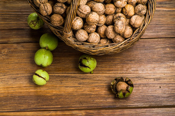 basket with walnuts on the table, photographed close up